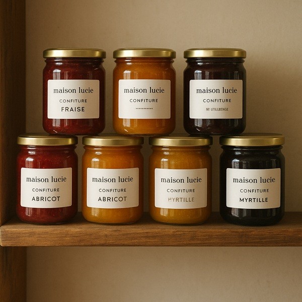 Pots de confiture artisanale Maison Lucie alignés sur une étagère en bois, saveurs fraise, abricot et myrtille, mettant en valeur un savoir-faire français authentique.