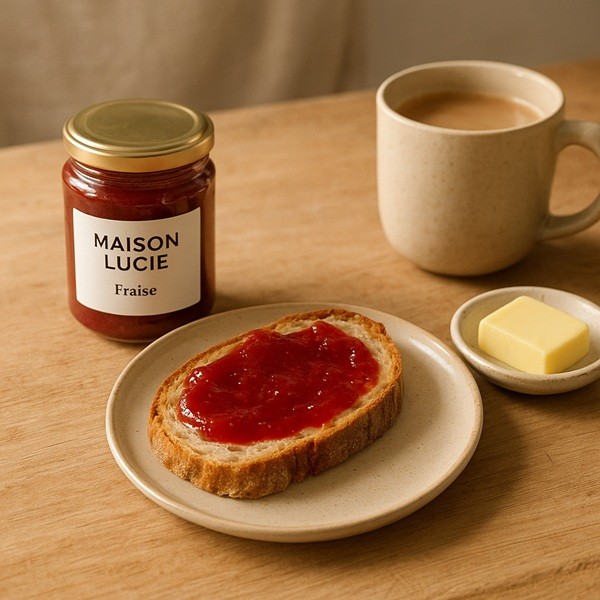 Petit-déjeuner français avec tartine de pain au levain tartinée de confiture artisanale Maison Lucie à la fraise, accompagnée d’un pot de confiture, d’un café et d’un morceau de beurre.