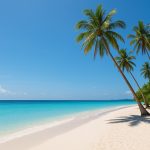 Plage paradisiaque en Malaisie avec sable blanc immaculé, palmiers tropicaux et eau turquoise cristalline idéale pour des vacances exotiques.