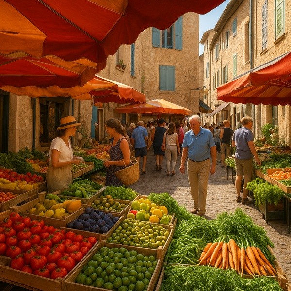 Marché provençal authentique avec étals colorés de fruits, légumes, olives et herbes aromatiques dans une ambiance conviviale
