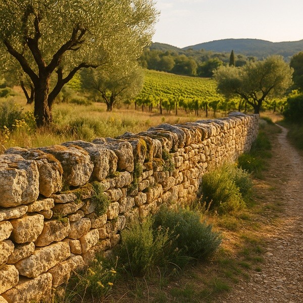 Muret en pierres sèches traditionnel serpentant dans un paysage de Provence avec oliviers et vignes, savoir-faire ancestral écologique.