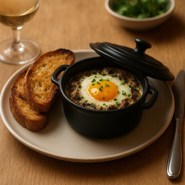 Recette salée écouler Œuf cocotte gourmand sur duxelles de champignons avec pain grillé au beurre noisette, recette élégante de bistrot parisien