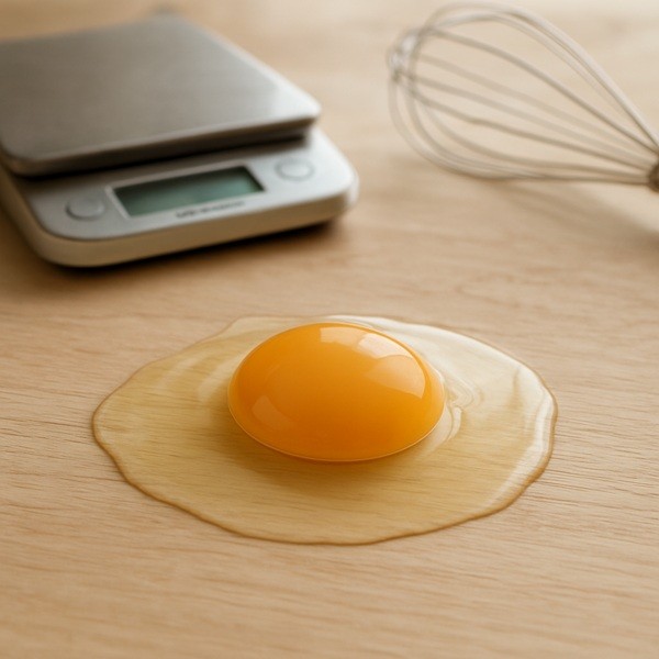 Photo réaliste d’un œuf ouvert sur un plan de travail en bois clair, avec le blanc étalé autour du jaune intact, balance de cuisine et fouet en arrière-plan, ambiance naturelle et authentique