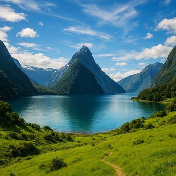 Paysage montagneux en Nouvelle-Zélande en novembre avec fjords, collines verdoyantes et lac bleu, parfait pour un voyage nature et aventure.