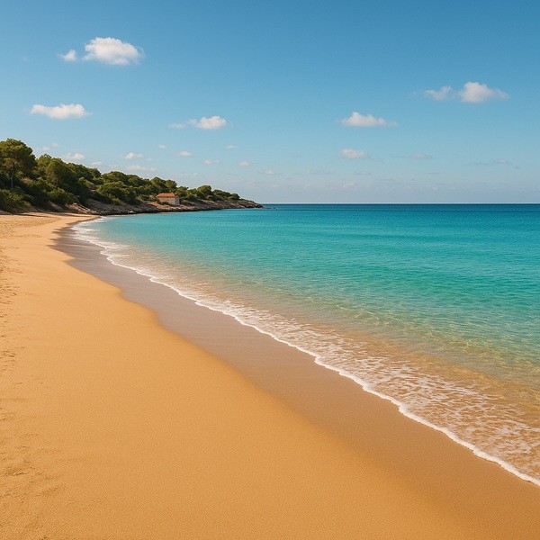 Plage méditerranéenne en octobre avec sable doré et mer turquoise sous un ciel bleu clair