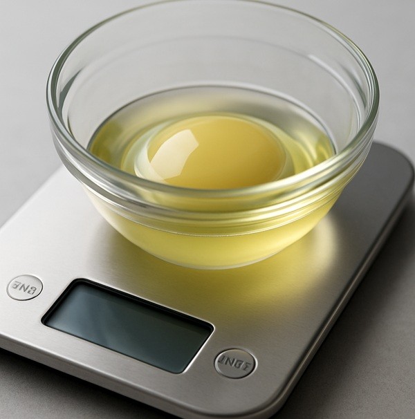 Blanc d’œuf cru brillant dans un bol en verre posé sur une balance de cuisine en inox, illustration du poids moyen du blanc d’œuf pour recettes précises comme macarons et meringues.