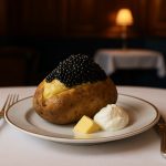 Assiette gastronomique de pomme de terre au caviar servie au restaurant Caviar Kaspia à la Madeleine Paris, plat signature raffiné avec crème et beurre.