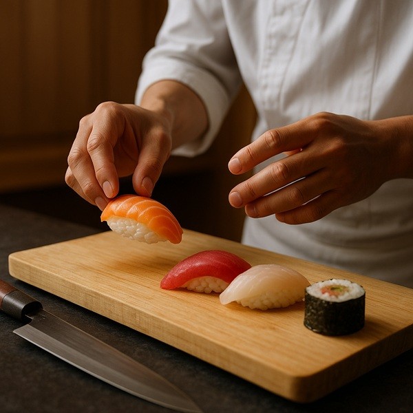 Un chef de sushi façonne un nigiri au saumon sur une planche en bois, aux côtés de nigiris au thon et au poisson blanc, illustrant la précision et la délicatesse de la cuisine japonaise.