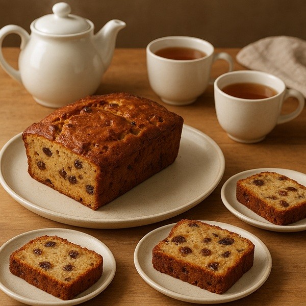 Pudding au pain traditionnel, doré et moelleux, présenté avec des parts coupées et une théière pour un goûter chaleureux et anti-gaspillage