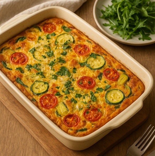 Quiche sans pâte généreuse aux légumes de saison avec courgettes, tomates cerises et poireaux, gratinée au fromage et servie pour un brunch convivial