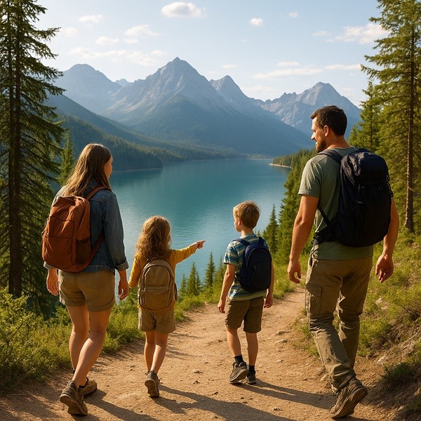 Famille en randonnée sur un sentier facile en montagne avec vue panoramique sur un lac turquoise et les sommets des Alpes, enfants observant la nature