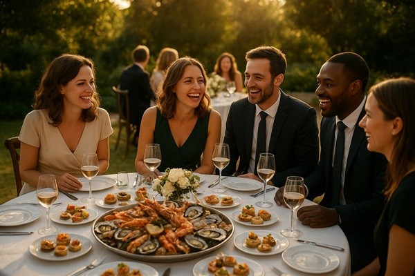 Réception en plein air avec tables dressées de nappes blanches, décor floral, plateau de fruits de mer et canapés raffinés, convives élégants partageant un moment convivial au coucher du soleil.