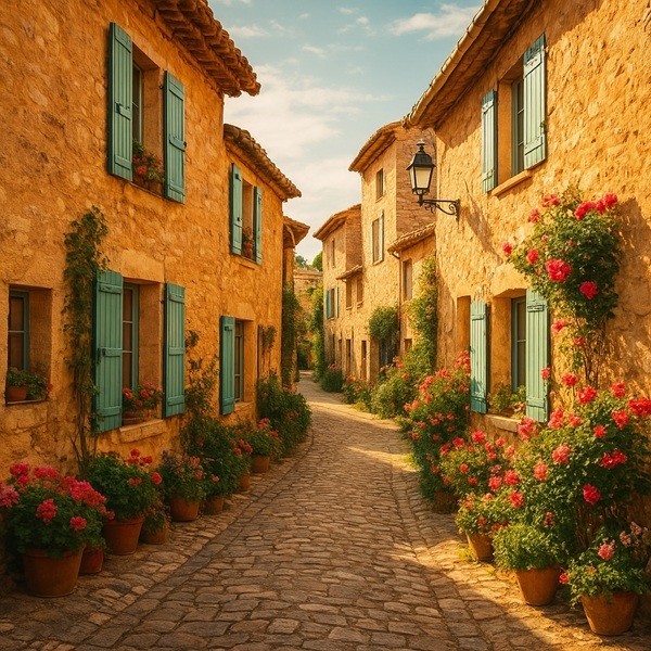 Rue pittoresque d’un village de Provence avec maisons en pierre, volets colorés et ruelles fleuries, ambiance méditerranéenne authentique