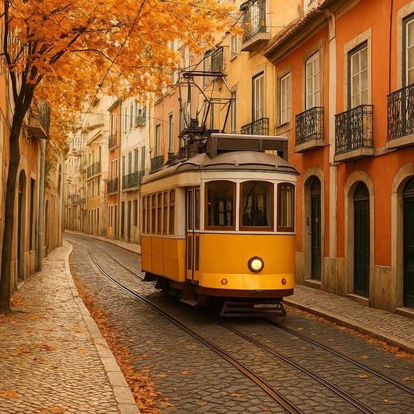 Ruelle pavée avec un tramway jaune à Lisbonne, destination idéale pour voyager en novembre.