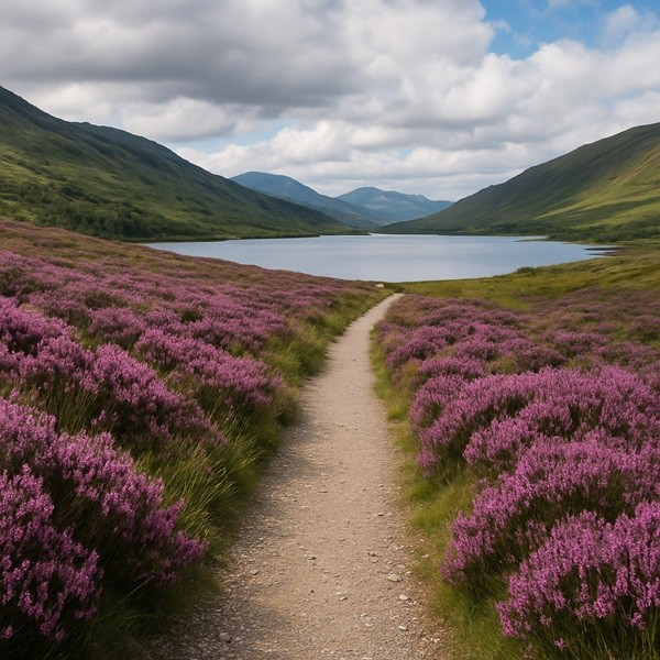 Chemin bordé de bruyères violettes menant à un loch calme au cœur des Highlands écossais, sous un ciel partiellement nuageux.