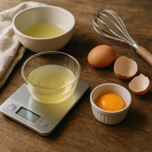 Mise en scène culinaire avec blancs d’œufs dans un bol en verre posé sur une balance, jaune d’œuf séparé dans un ramequin, coquilles cassées et fouet sur plan de travail en bois rustique, préparation pâtisserie maison.