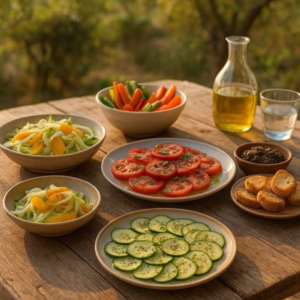 Grande table provençale avec salade de fenouil, tapenade, crudités et autres entrées légères pour accompagner un aïoli.