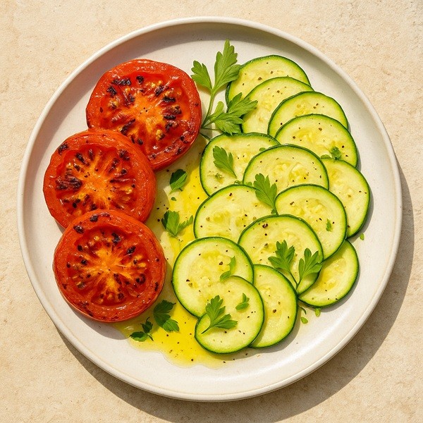 Assiette provençale avec tomates grillées et carpaccio de courgettes, une idée d’entrée légère et fraîche avant un aïoli.