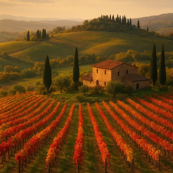 Paysage d’automne en Toscane avec collines verdoyantes, vignobles rouges et dorés, cyprès et ferme en pierre sous une lumière dorée.