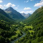 Vue panoramique réaliste d’une vallée verdoyante dans les Pyrénées ariégeoises avec montagnes imposantes, rivière cristalline et forêt dense sous un ciel bleu