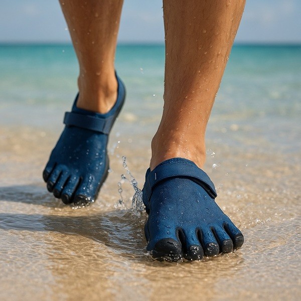 Chaussures aquatiques Vibram FiveFingers bleues adaptées aux activités nautiques et aux vacances actives en bord de mer.