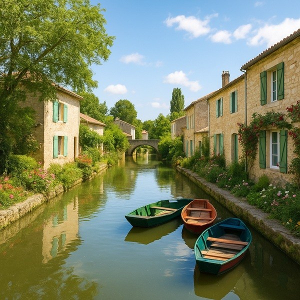 Village typique du Marais Poitevin avec canal, barques colorées, maisons en pierre aux volets verts et ambiance authentique de la Venise Verte.