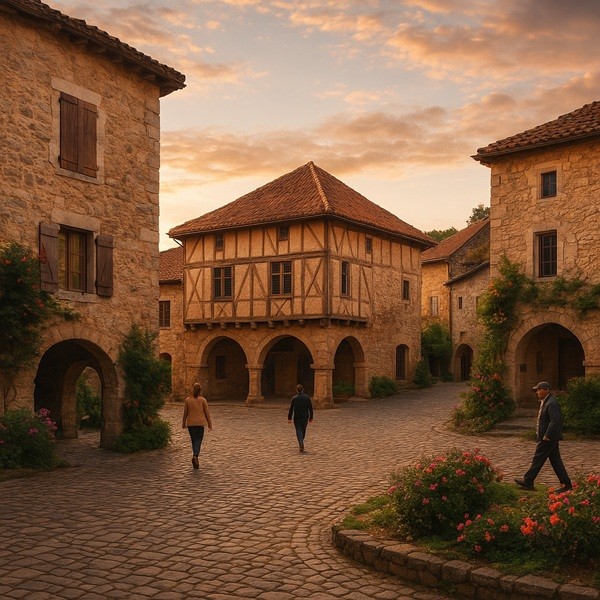 Village pittoresque de l’Ariège avec maisons médiévales en pierre et toits en tuiles rouges, place centrale pavée au coucher de soleil.