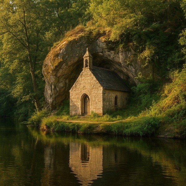 Chapelle Saint-Gildas sous la roche à Saint-Nicolas-des-Eaux, au bord du Blavet, patrimoine breton au cœur de la nature verdoyante.