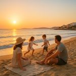 Famille en voyage profitant d’une plage méditerranéenne au coucher de soleil, parents assis sur une couverture et enfants jouant au bord de l’eau dans une ambiance paisible et chaleureuse