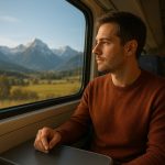 Voyageur en train en Europe avec vue sur les Alpes, voyage dans l’espace Schengen sans passeport grâce à la carte d’identité française.