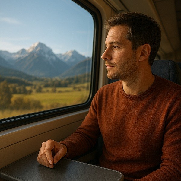 Voyageur en train en Europe avec vue sur les Alpes, voyage dans l’espace Schengen sans passeport grâce à la carte d’identité française.