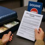 Voyageur déclarant de l’argent liquide aux douanes avec formulaire et valise contenant des billets en euros