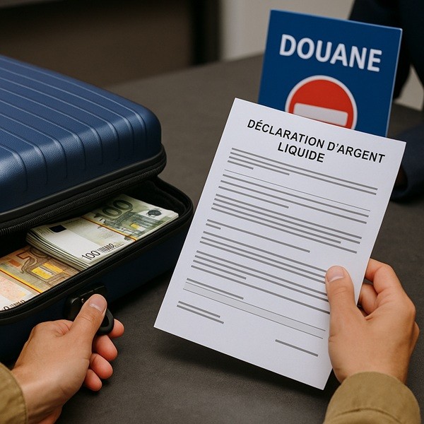 Voyageur déclarant de l’argent liquide aux douanes avec formulaire et valise contenant des billets en euros