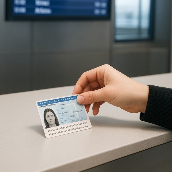 Voyager avec une carte d’identité française à l’aéroport, contrôle au comptoir d’enregistrement avant un vol en Europe.