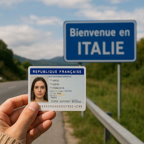 Voyager avec la carte d’identité française en Europe, passage de frontière vers l’Italie avec panneau Bienvenue en Italie.