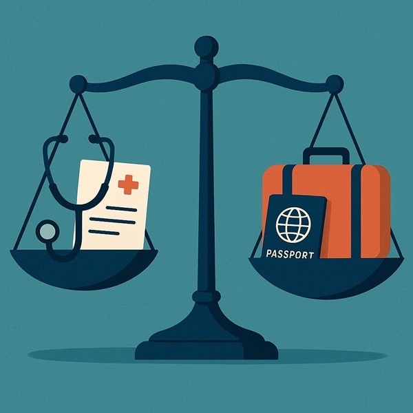 Illustration d’une balance symbolisant le choix entre santé et voyage pendant un arrêt maladie, avec stéthoscope et certificat médical d’un côté et valise avec passeport de l’autre.