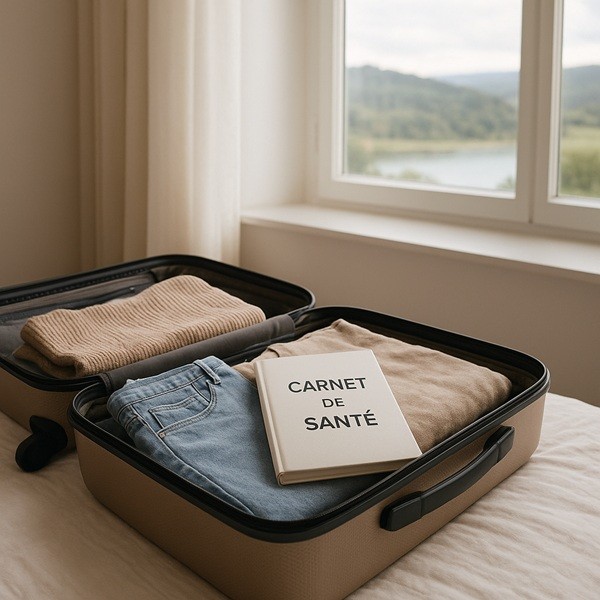 Valise ouverte avec vêtements confortables et carnet de santé, illustrant la possibilité de voyager pendant un arrêt maladie avec autorisation médicale et CPAM.