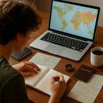 Jeune voyageur assis à une table planifiant et créant son itinéraire de voyage avec cartes, carnet, ordinateur portable et tasse de café.