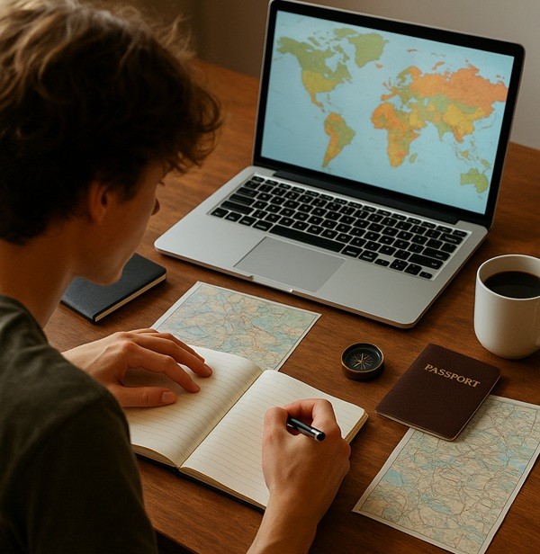 Jeune voyageur assis à une table planifiant et créant son itinéraire de voyage avec cartes, carnet, ordinateur portable et tasse de café.