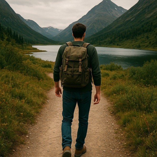 Voyageur seul marchant sur un chemin de randonnée entouré de montagnes et d’un lac, symbole de liberté et de sécurité en voyage solo.