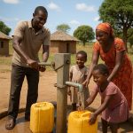 Famille africaine utilisant une pompe à eau manuelle pour remplir des bidons jaunes et accéder à l’eau potable dans un village rural, symbole d’hygiène et de développement communautaire.