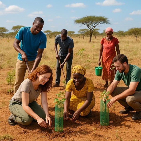 Well Solidarity, bénévoles et villageois en Afrique plantant de jeunes arbres protégés pour la reforestation et la régénération des sols, action collaborative en savane.