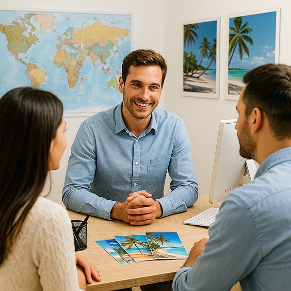 Conseiller de voyage Tropicalement Vôtre accueillant des clients dans une agence moderne avec cartes du monde et brochures de séjours exotiques.