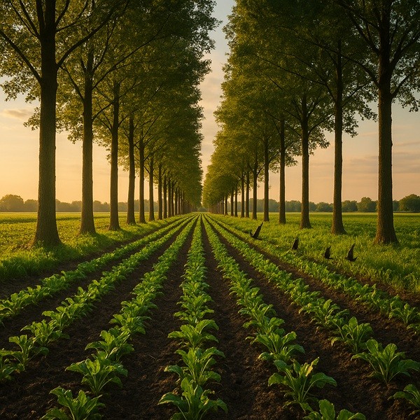 Paysage agroforestier avec arbres alignés entre cultures, mettant en valeur la biodiversité, la séquestration du carbone et la Carbon Farming Initiative.