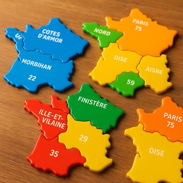 Zoom sur les aimants Carte de France Le Gaulois, pièces colorées de collection représentant les départements français, posées sur une table en bois.