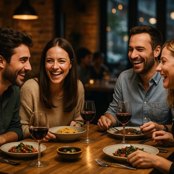 Dîner convivial entre amis dans un restaurant à Saint-Médard-en-Jalles, ambiance chaleureuse avec plats partagés et verres de vin sur table en bois.