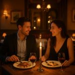 Dîner romantique au Restaurant Le Moulin de la Galette à Montmartre avec un couple partageant des plats français à la lumière des bougies.