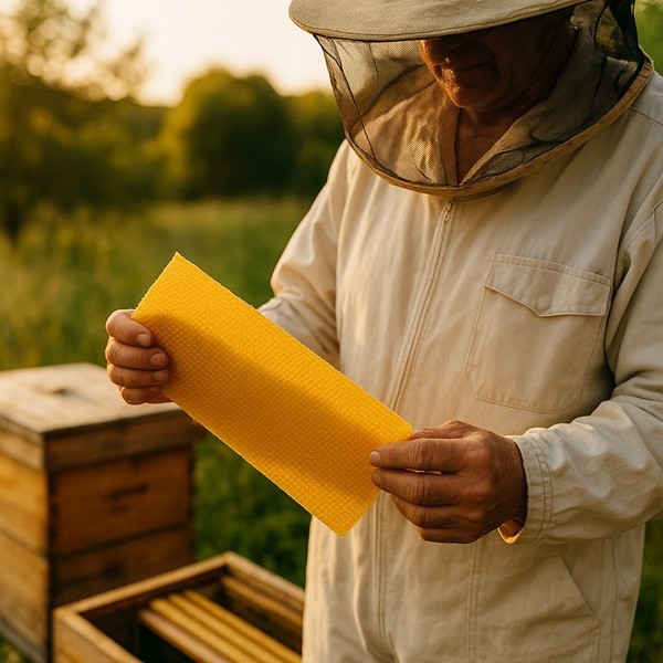 Apiculteur tenant une feuille de cire d’abeille naturelle près d’une ruche pour la fabrication artisanale de bougies.