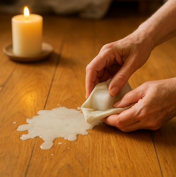 Astuce maison pour enlever la cire de bougie sur un parquet en bois avec un glaçon enveloppé dans un tissu.