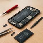 Smartphone ouvert en réparation avec batterie remplacée et outils de précision dans un atelier français de reconditionnement Smaaart.